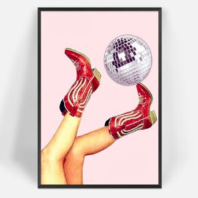 Darivefish Vintage Disco Ball Poster Cowgirl Boots Print Canvas Pink Fun Trendy Wall Art Room Aesthetics Girly Wall Decor Girls Room Living Room Bedroom Decor 12x16inch Unframed