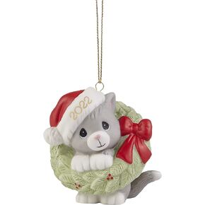 Precious Moments 221007 Wreathed in Christmas Joy 2022 Dated Cat Bisque Porcelain Ornament
