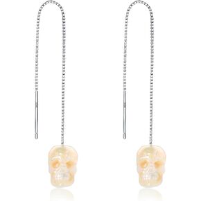 Pearl Threader Fashion Statement Earrings for Women Men, Gothic Skull Pearl Drop Earrings