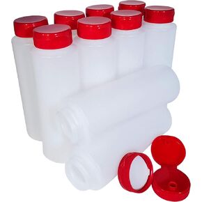 8oz HDPE Plastic Squeeze Bottles with Wide Mouth Opening, Red Flip Top Caps for Condiments and Any Thick Liquid Products, Multi-Purpose Refillable Empty Bottles (Pack of 10)