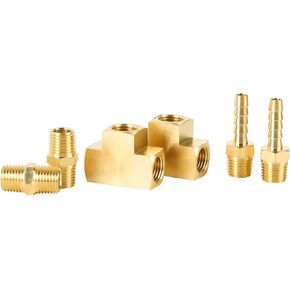SUNGATOR 1/4" NPT Barstock Tee, 1/4" NPT Hose Barb Adapter, Hex Nipple 1/4" NPT Male x 1/4" NPT Male, Brass Pipe Fitting and Air Hose Fitting (6-Pack)