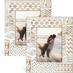 5x7 Boho Picture Frame for Family Wedding Travel Photos, 2 Pack African Style Wood Decorative Frames for Tabletop Wall Display, Rustic Decor for Bedroom Living Room Birthday Christmas Gift