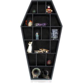 Curio Coffin Shelf - Wooden Goth Decor for Display or Storage of Shot Glasses, Mini Figures, Rocks, and More - 18.5 by 9.5 by 2.75 Inches (Pink)