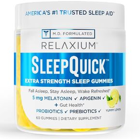 Relaxium Sleep Quick Gummy, Sleep Aid Support, 5 mg Melatonin, Vitamin D-3, Prebiotic & Probiotic Blend, Gluten & Drug Free, Lemon Flavor, 60 Gummies