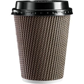 Comfy Package [16 oz. - 50 Sets Insulated Brown Patterned Ripple Paper Hot Coffee Cups With Lids (Lids Color May Vary) - Ideal for Hot Beverages, Travel, and Office Use