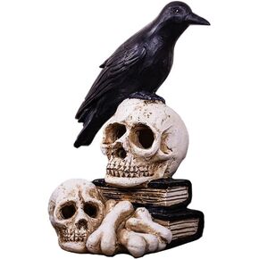 Perched Raven On Skull Raven Crow on Books Halloween Decoration, Gothin Bird Crow on Skeleton Books Figurine Statue Home Decor Gift