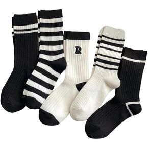 SHENHE Women's 5 Pairs Striped Crew Socks Breathable Sports Socks Soft Mid Calf Socks