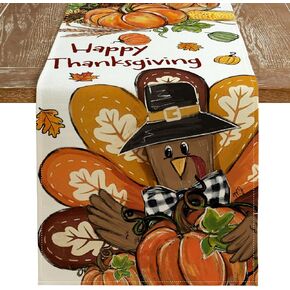 ARKENY Happy Thanksgiving Table Runner 13x72 Inches, Turkey Beige Fall Holiday Harvest Farmhouse Burlap Indoor Outdoor Table Decor for Home Party Decoration AT640-72