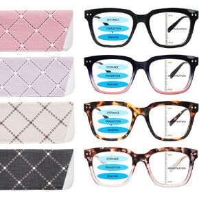 Progressive Multifocus Reading Glasses for Women Men 4 Pack Square Blue Light Blocking Readers with Spring Hinges