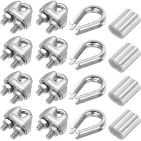 PATIKIL Wire Rope Accessory Set, 304 Stainless Steel 8 Pcs Cable Clip Clamp 4 Pcs Thimble 4 Pcs Aluminum Crimping Loop Sleeve for 3mm/3/16" Cable Rope