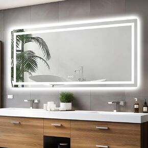 مرآة حمام LED مقاس 77 بوصة × 36 بوصة مع إضاءة أمامية وخلفية، مرايا حائط كبيرة قابلة للتعتيم مع مقاومة للضباب، زجاج مقسى، 3 ألوان، مرآة زينة مزدوجة LED in Saudi Arabia