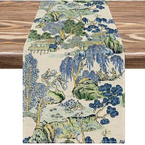 Chinoiserie Table Runner Vintage Landscape Kitchen Dining Table Decor Pastoral Table Cover for Indoor Outdoor Decoration, 13 x 72 Inch
