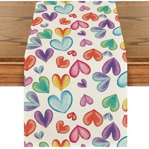 Artoid Mode Colorful Love Heart Pride Month Table Runner, Seasonal Valentine's Day Spring Summer Kitchen Dining Table Decoration for Home Party Decor 13x72 Inch
