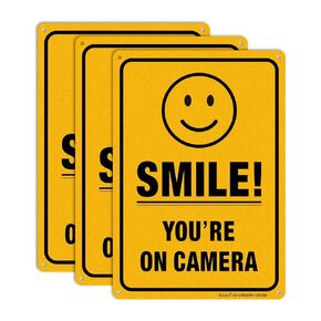 (4 Pack) Smile You're on Camera Video Surveillance Sign - 10 x 7 Inches - .040 Rust Free Heavy Duty Aluminum - Indoor or Outdoor Use for Home Business CCTV Security Camera,UV Protected & Reflective