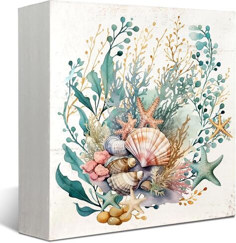 Mtrgdn Summer Decor,Watercolor Ocean Starfish Seashell Coral Beach Wood Signs Home Decor,Beach Desk Decor, Beach Beachy Room Decor Aesthetic,Coastal Beach House Decor,Beach Signs Tiered Tray Decor 5x5 in Saudi Arabia