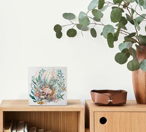 Mtrgdn Summer Decor,Watercolor Ocean Starfish Seashell Coral Beach Wood Signs Home Decor,Beach Desk Decor, Beach Beachy Room Decor Aesthetic,Coastal Beach House Decor,Beach Signs Tiered Tray Decor 5x5 in Saudi Arabia