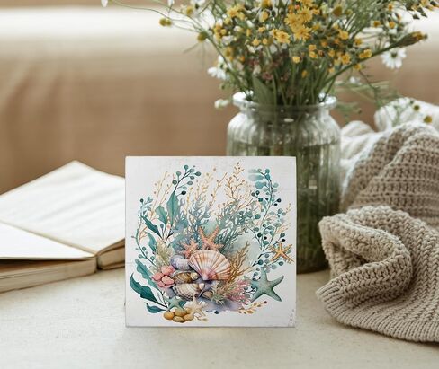 Mtrgdn Summer Decor,Watercolor Ocean Starfish Seashell Coral Beach Wood Signs Home Decor,Beach Desk Decor, Beach Beachy Room Decor Aesthetic,Coastal Beach House Decor,Beach Signs Tiered Tray Decor 5x5 in Saudi Arabia
