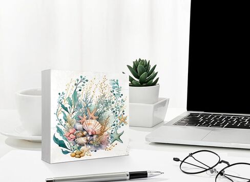 Mtrgdn Summer Decor,Watercolor Ocean Starfish Seashell Coral Beach Wood Signs Home Decor,Beach Desk Decor, Beach Beachy Room Decor Aesthetic,Coastal Beach House Decor,Beach Signs Tiered Tray Decor 5x5 in Saudi Arabia