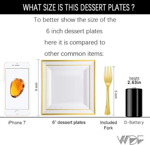 WDF 200PCS Gold Plastic Dessert Plates with Plastic Forks -6" 100 Square Disposable Appetizer Plates Small Plates Cake Plates with Gold Rim&100 Gold Small Appetizer Forks for Daily Using in Saudi Arabia