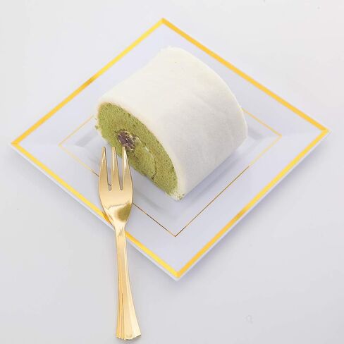 WDF 200PCS Gold Plastic Dessert Plates with Plastic Forks -6" 100 Square Disposable Appetizer Plates Small Plates Cake Plates with Gold Rim&100 Gold Small Appetizer Forks for Daily Using in Saudi Arabia