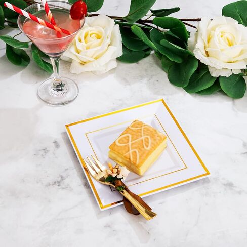 WDF 200PCS Gold Plastic Dessert Plates with Plastic Forks -6" 100 Square Disposable Appetizer Plates Small Plates Cake Plates with Gold Rim&100 Gold Small Appetizer Forks for Daily Using in Saudi Arabia