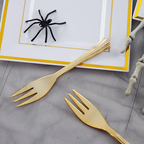 WDF 200PCS Gold Plastic Dessert Plates with Plastic Forks -6" 100 Square Disposable Appetizer Plates Small Plates Cake Plates with Gold Rim&100 Gold Small Appetizer Forks for Daily Using in Saudi Arabia