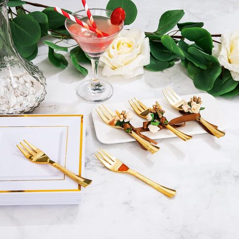 WDF 200PCS Gold Plastic Dessert Plates with Plastic Forks -6" 100 Square Disposable Appetizer Plates Small Plates Cake Plates with Gold Rim&100 Gold Small Appetizer Forks for Daily Using in Saudi Arabia