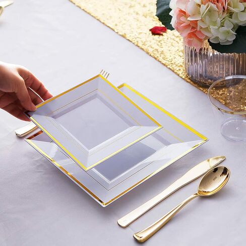 WDF 200PCS Gold Plastic Dessert Plates with Plastic Forks -6" 100 Square Disposable Appetizer Plates Small Plates Cake Plates with Gold Rim&100 Gold Small Appetizer Forks for Daily Using in Saudi Arabia