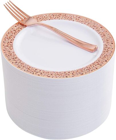 WDF 200PCS Gold Plastic Dessert Plates with Plastic Forks -6" 100 Square Disposable Appetizer Plates Small Plates Cake Plates with Gold Rim&100 Gold Small Appetizer Forks for Daily Using in Saudi Arabia