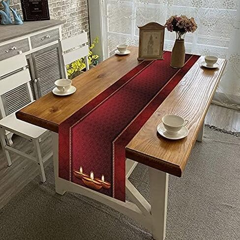 الكتان 13x72 '' ديوالي دياس الجدول عداء ديوالي القطيفة ديكور للطاولات الهندي موضوع حلية لتزيين طاولات الحفلات للمنزل المطبخ الطعام in Saudi Arabia