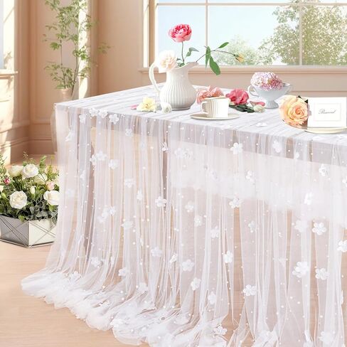 LuoluoHouse Pearl Table Runner Wedding: 3 Pieces White Lace Table Cloth Flower Decor Tulle Fabric for Chiffon Birthday Party Table Decor 60x120 Inch in Saudi Arabia