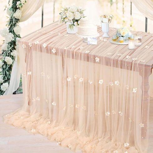 LuoluoHouse Pearl Table Runner Wedding: 3 Pieces White Lace Table Cloth Flower Decor Tulle Fabric for Chiffon Birthday Party Table Decor 60x120 Inch in Saudi Arabia