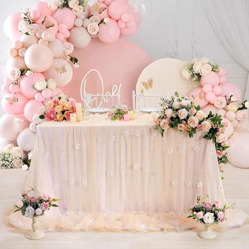 LuoluoHouse Pearl Table Runner Wedding: 3 Pieces White Lace Table Cloth Flower Decor Tulle Fabric for Chiffon Birthday Party Table Decor 60x120 Inch in Saudi Arabia