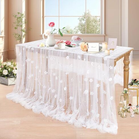 LuoluoHouse Pearl Table Runner Wedding: 3 Pieces White Lace Table Cloth Flower Decor Tulle Fabric for Chiffon Birthday Party Table Decor 60x120 Inch in Saudi Arabia