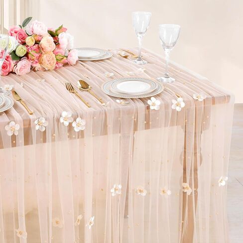 LuoluoHouse Pearl Table Runner Wedding: 3 Pieces White Lace Table Cloth Flower Decor Tulle Fabric for Chiffon Birthday Party Table Decor 60x120 Inch in Saudi Arabia
