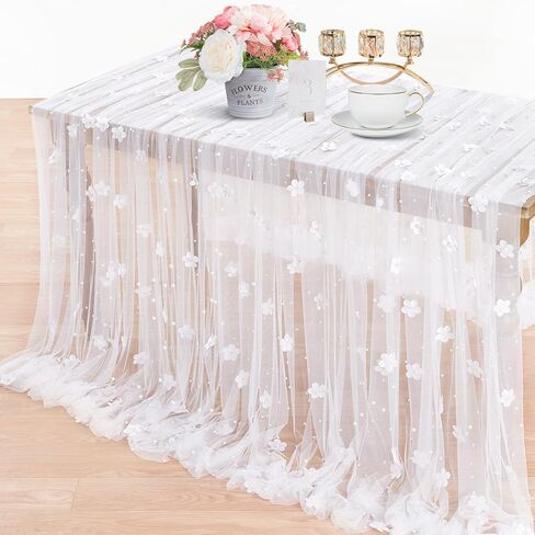 LuoluoHouse Pearl Table Runner Wedding: 3 Pieces White Lace Table Cloth Flower Decor Tulle Fabric for Chiffon Birthday Party Table Decor 60x120 Inch in Saudi Arabia