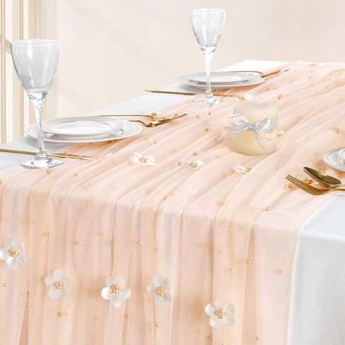LuoluoHouse Pearl Table Runner Wedding: 3 Pieces White Lace Table Cloth Flower Decor Tulle Fabric for Chiffon Birthday Party Table Decor 60x120 Inch in Saudi Arabia