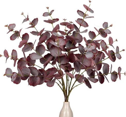 5 Pcs Artificial Red Eucalyptus Stems Fall Fake Leaves Plants Tall 30" Silk Eucalyptus Stems Branches Fall Floral Arrangement Decoration, Faux Plant Farmhouse Indoor Home Wedding Decor in Saudi Arabia