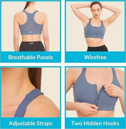 حمالة صدر رياضية بسحاب أمامي عالي التأثير من OYA للبشرة الحساسة، أزرق محيطي in Kuwait