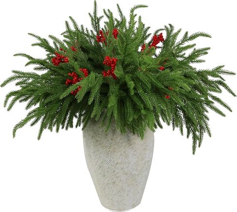 12 Pcs Artificial Norfolk Pine Branches with 8PCS red Fruits 18" Plastic Christmas Plants Decor Faux Greenery Stems Pine Picks Outdoor Faux Plants for Xmas Indoor, Front Porch Home Decor in Saudi Arabia