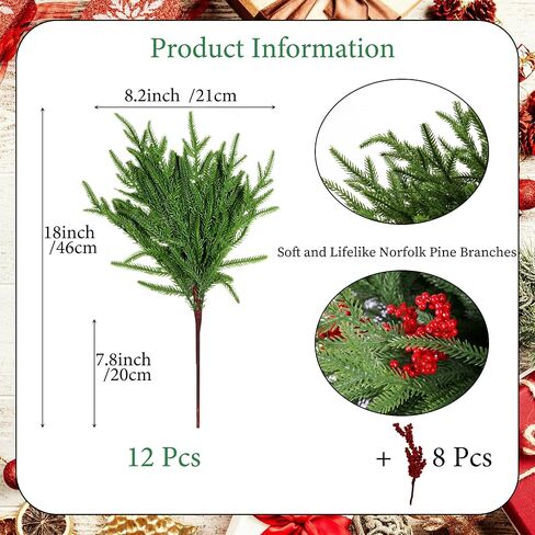 12 Pcs Artificial Norfolk Pine Branches with 8PCS red Fruits 18" Plastic Christmas Plants Decor Faux Greenery Stems Pine Picks Outdoor Faux Plants for Xmas Indoor, Front Porch Home Decor in Saudi Arabia