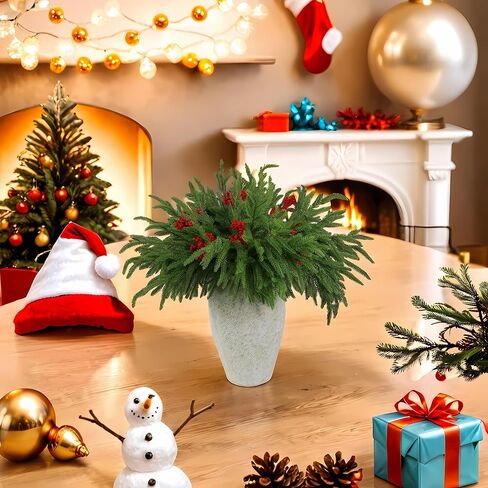12 Pcs Artificial Norfolk Pine Branches with 8PCS red Fruits 18" Plastic Christmas Plants Decor Faux Greenery Stems Pine Picks Outdoor Faux Plants for Xmas Indoor, Front Porch Home Decor in Saudi Arabia