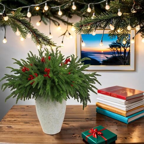 12 Pcs Artificial Norfolk Pine Branches with 8PCS red Fruits 18" Plastic Christmas Plants Decor Faux Greenery Stems Pine Picks Outdoor Faux Plants for Xmas Indoor, Front Porch Home Decor in Saudi Arabia