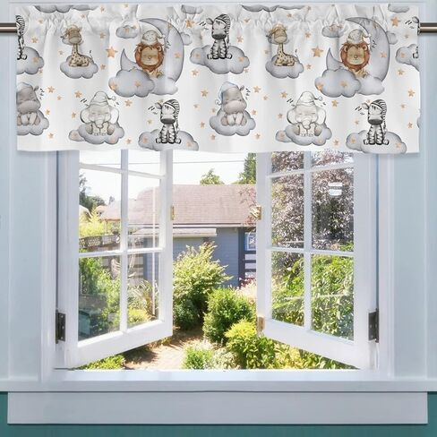 Sleepy Jungle Safari Animals Clouds Curtain Valances 54''x18'' Cute Lion Zebra Elephant Giraffe Rod Pocket Small Curtains Window Treatments Toppers Toddler Kids Nursery Playroom Bedroom Decor 1 Pack in Kuwait