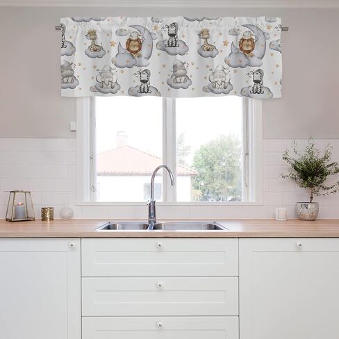Sleepy Jungle Safari Animals Clouds Curtain Valances 54''x18'' Cute Lion Zebra Elephant Giraffe Rod Pocket Small Curtains Window Treatments Toppers Toddler Kids Nursery Playroom Bedroom Decor 1 Pack in Kuwait