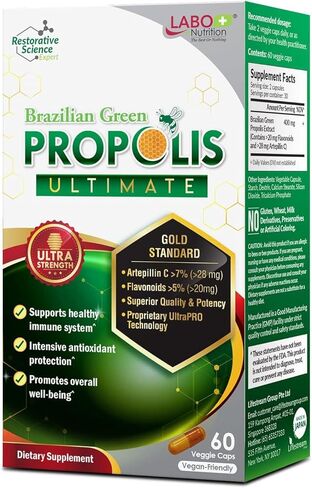LABO Nutrition Brazilian Green Propolis Ultimate - Contains >7% or 28mg per Serving Artepillin C & >5% Flavonoids, for Immune & Brain Support, Natural, High Concentrate & Premium, 60 Veg Capsules in Kuwait
