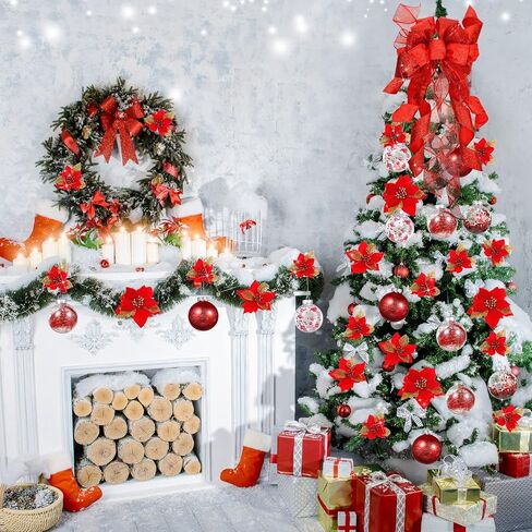 49 Pcs Christmas Tree Decoration Set Christmas Tree Topper Bow 24 Pcs Christmas Glitter Artificial Poinsettia Flowers 24 Pcs 2.36 Inch Christmas Ball Ornaments for Xmas Wedding Birthday (Blue) in Saudi Arabia