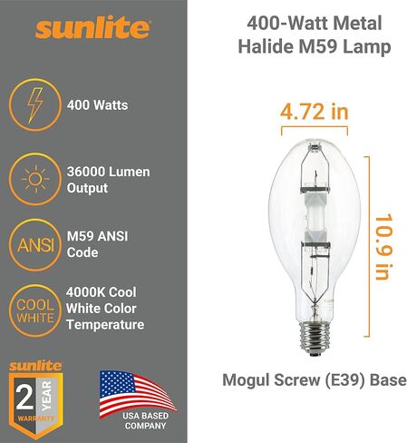 مصباح هاليد معدني Sunlite 03663 MH400/U/MOG M59، 400 واط، قاعدة موغول (E39)، ED37، عمر افتراضي يصل إلى 12,000 ساعة، 36000 لومن، لمسة نهائية شفافة، 4000 كلفن in Kuwait