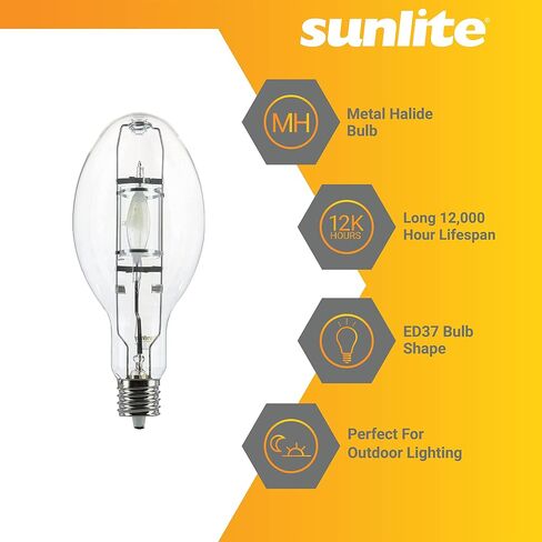 مصباح هاليد معدني Sunlite 03663 MH400/U/MOG M59، 400 واط، قاعدة موغول (E39)، ED37، عمر افتراضي يصل إلى 12,000 ساعة، 36000 لومن، لمسة نهائية شفافة، 4000 كلفن in Kuwait