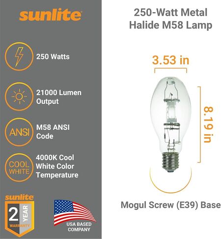 مصباح هاليد معدني Sunlite 03663 MH400/U/MOG M59، 400 واط، قاعدة موغول (E39)، ED37، عمر افتراضي يصل إلى 12,000 ساعة، 36000 لومن، لمسة نهائية شفافة، 4000 كلفن in Kuwait